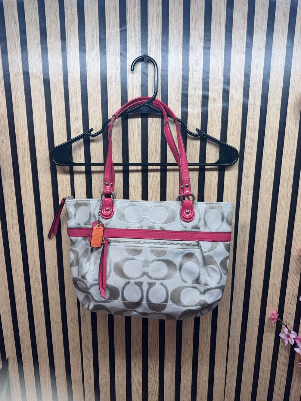 Coach Signature C Canvas Tote Bag with Pink Patent Leather Trim